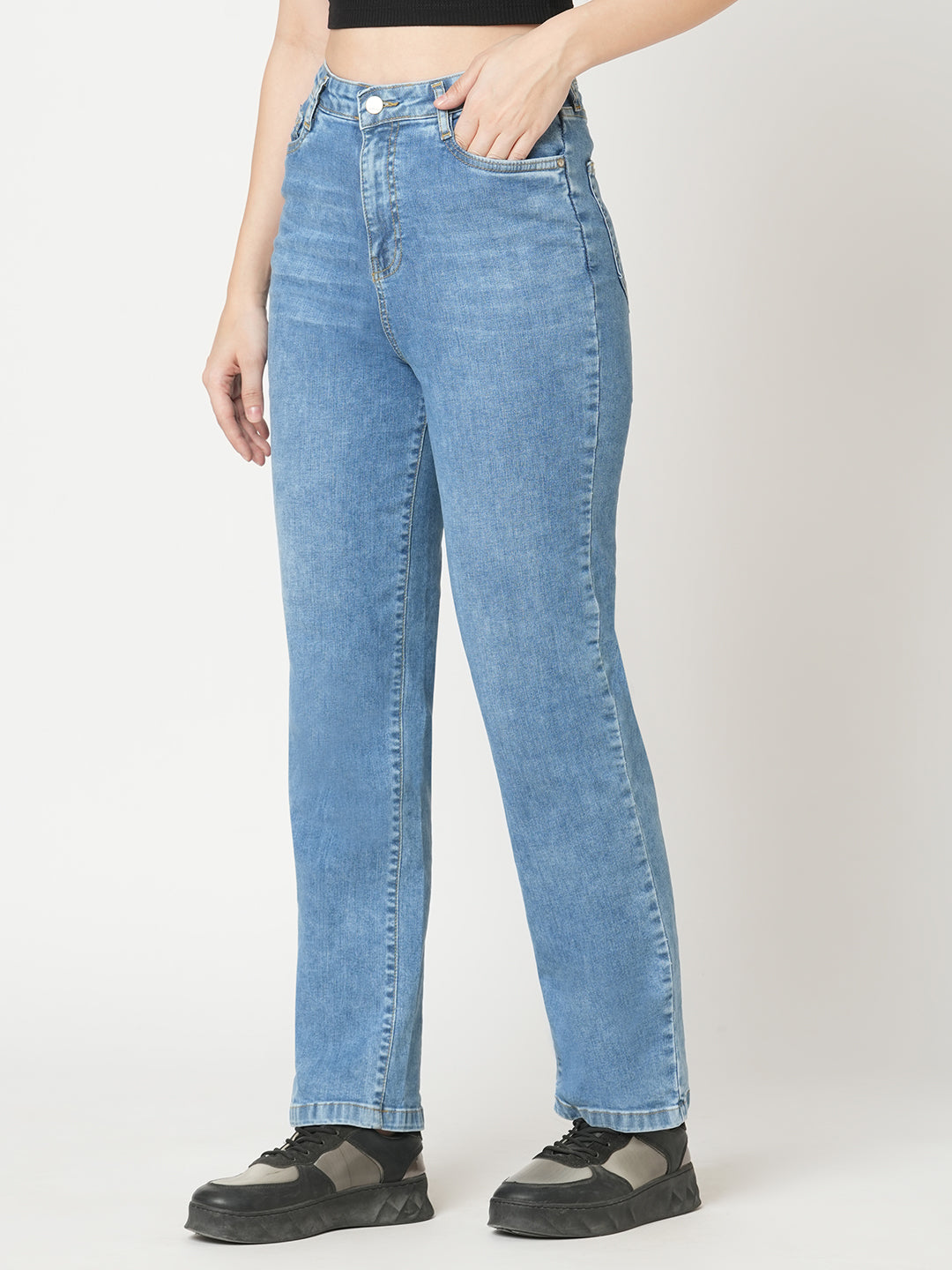 Women Blue High-Rise Loose Straight Jeans