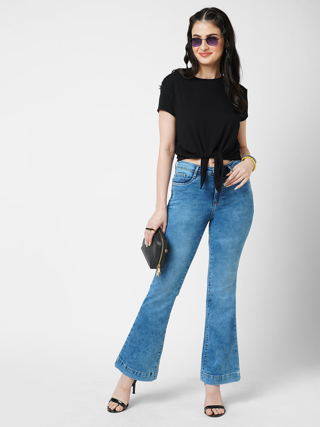 Women Blue High-Rise Mini Flare Jeans