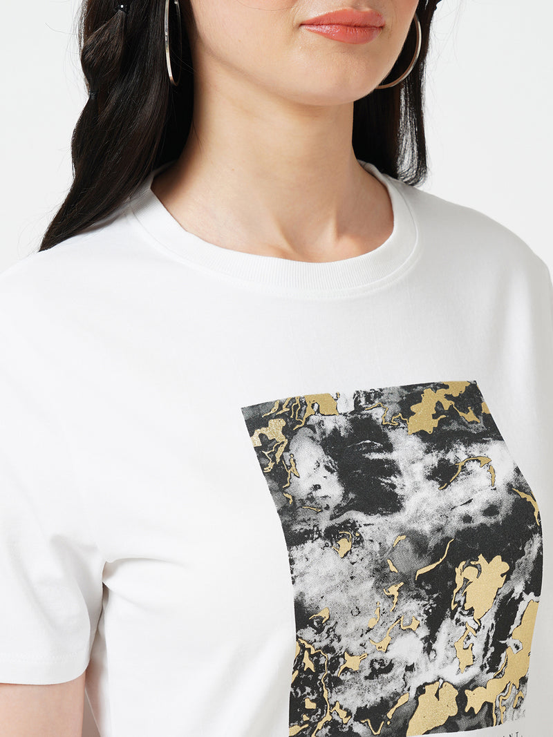 Women White Printed Short Sleeves Tshirts