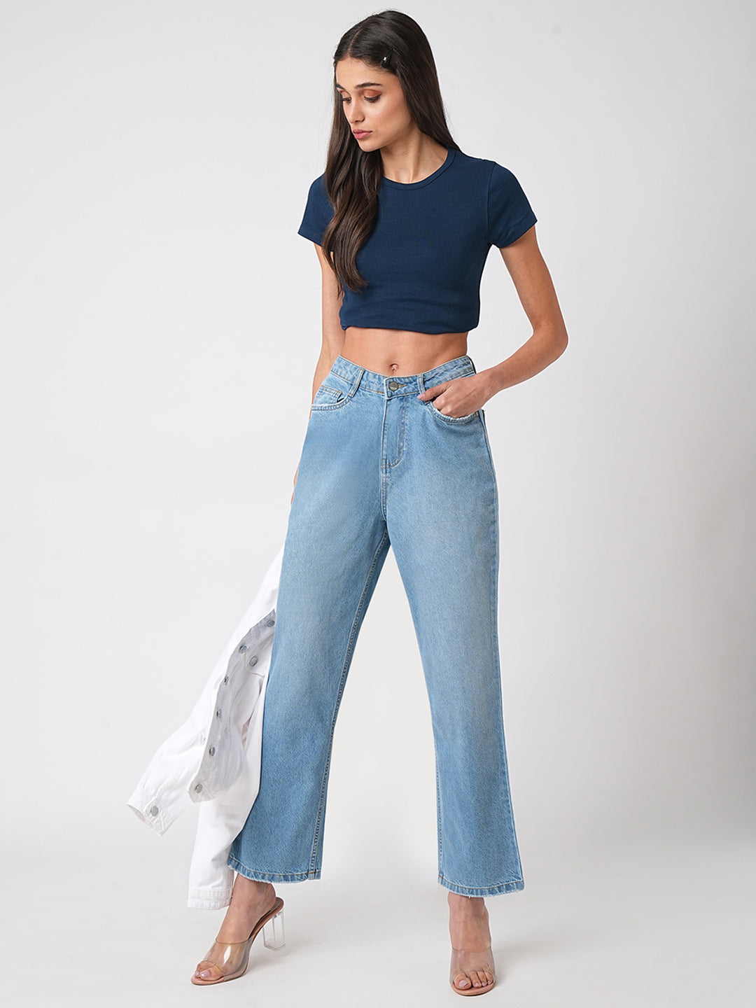 Women Light Blue High-Rise Loose Straight