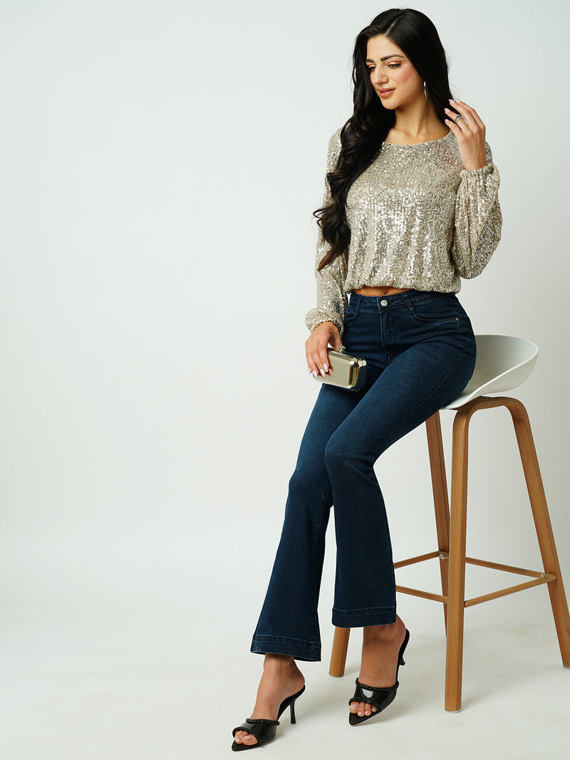 Women Dark Blue High Rise Flare Jeans