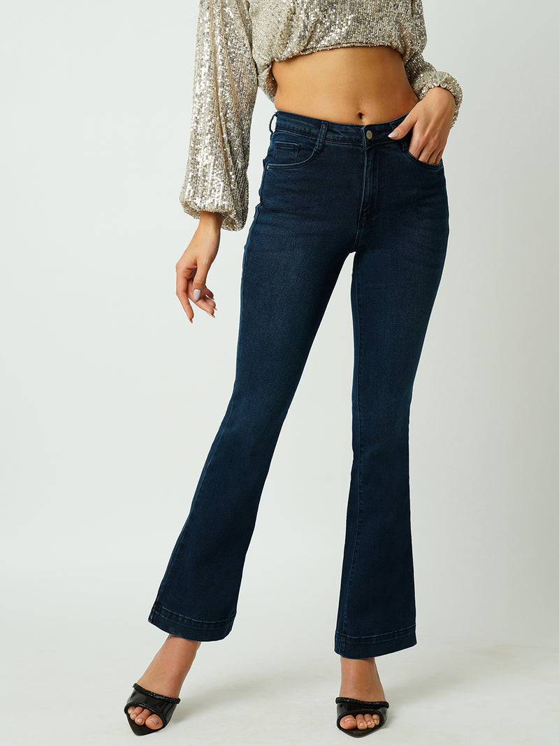 Women Dark Blue High Rise Flare Jeans