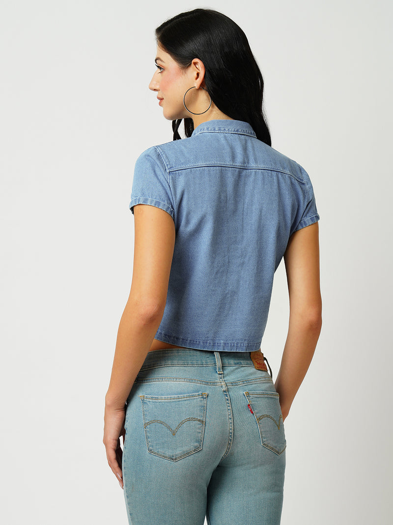 Women Light Blue Solid Short Sleeves Shirts