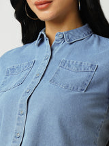 Women Light Blue Solid Short Sleeves Shirts