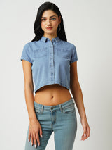 Women Light Blue Solid Short Sleeves Shirts