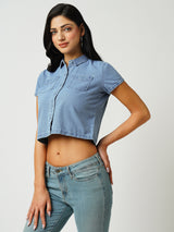 Women Light Blue Solid Short Sleeves Shirts