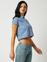 Women Light Blue Solid Short Sleeves Shirts
