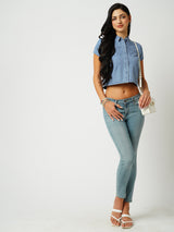 Women Light Blue Solid Short Sleeves Shirts