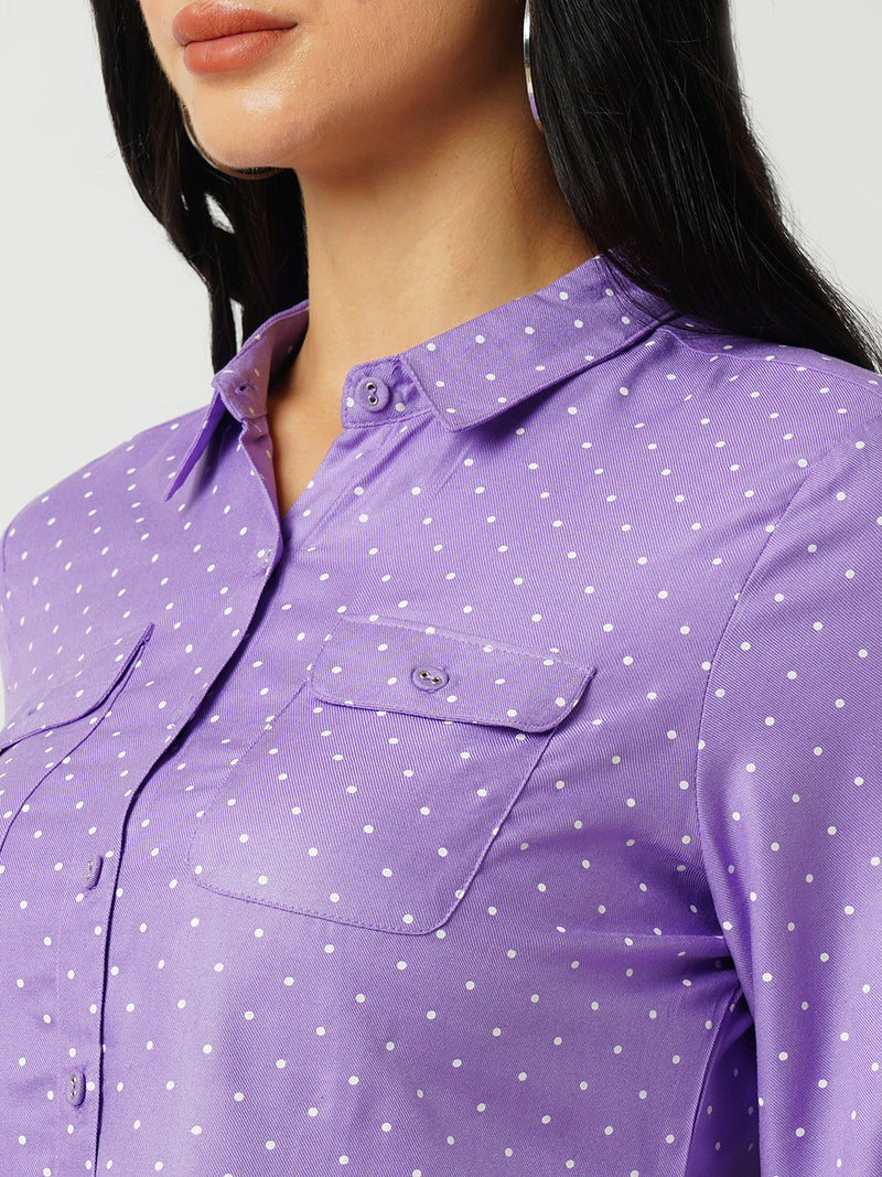 Women Lilac Polka Dot Three-Quarter Sleeves Shirts