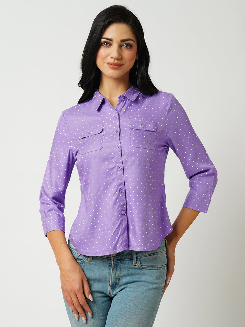 Women Lilac Polka Dot Three-Quarter Sleeves Shirts