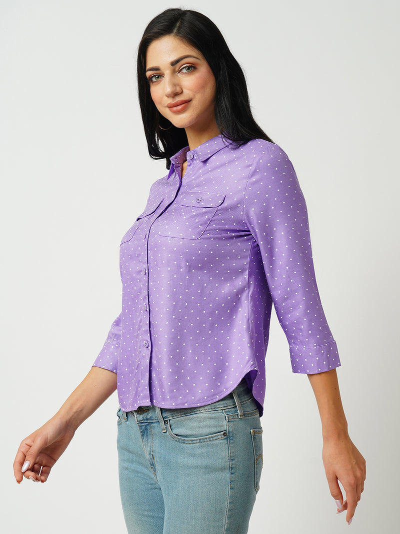 Women Lilac Polka Dot Three-Quarter Sleeves Shirts