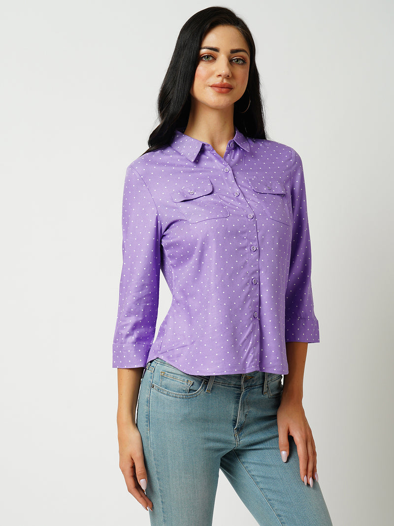 Women Lilac Polka Dot Three-Quarter Sleeves Shirts
