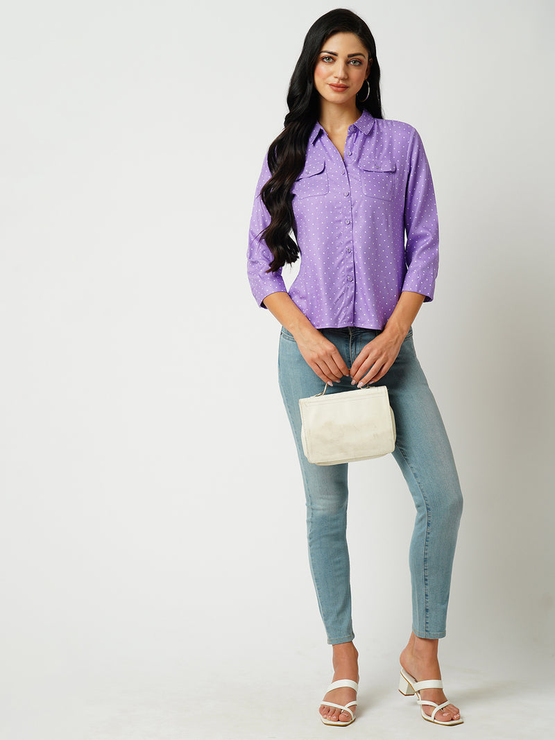 Women Lilac Polka Dot Three-Quarter Sleeves Shirts