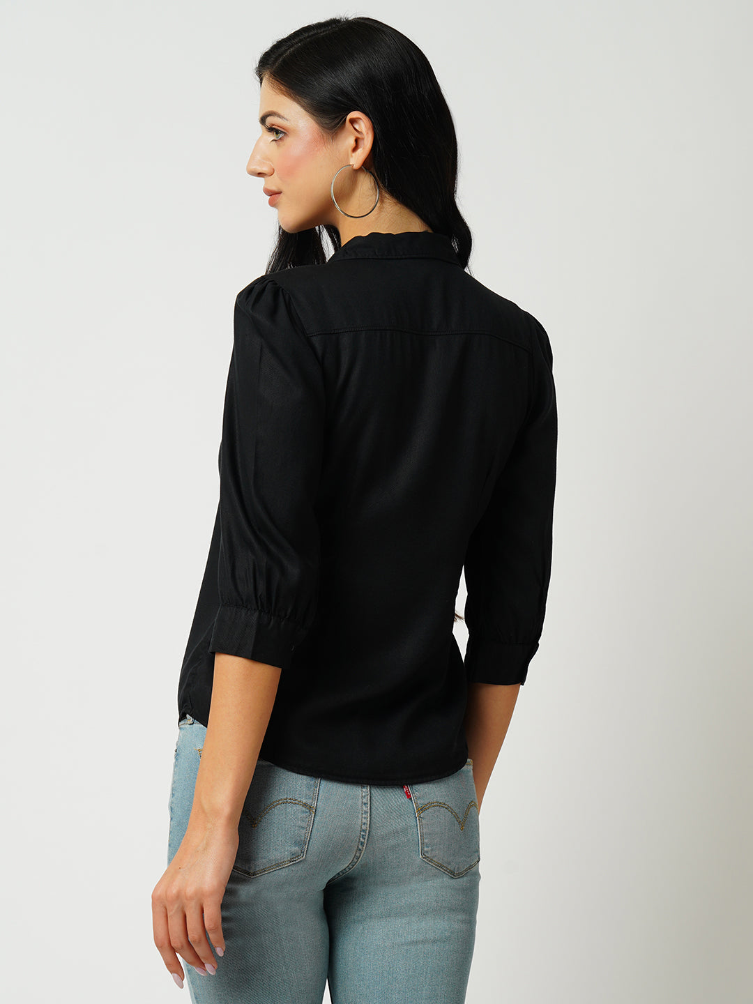 Womens Black Three-Quarter Sleeves Shirts