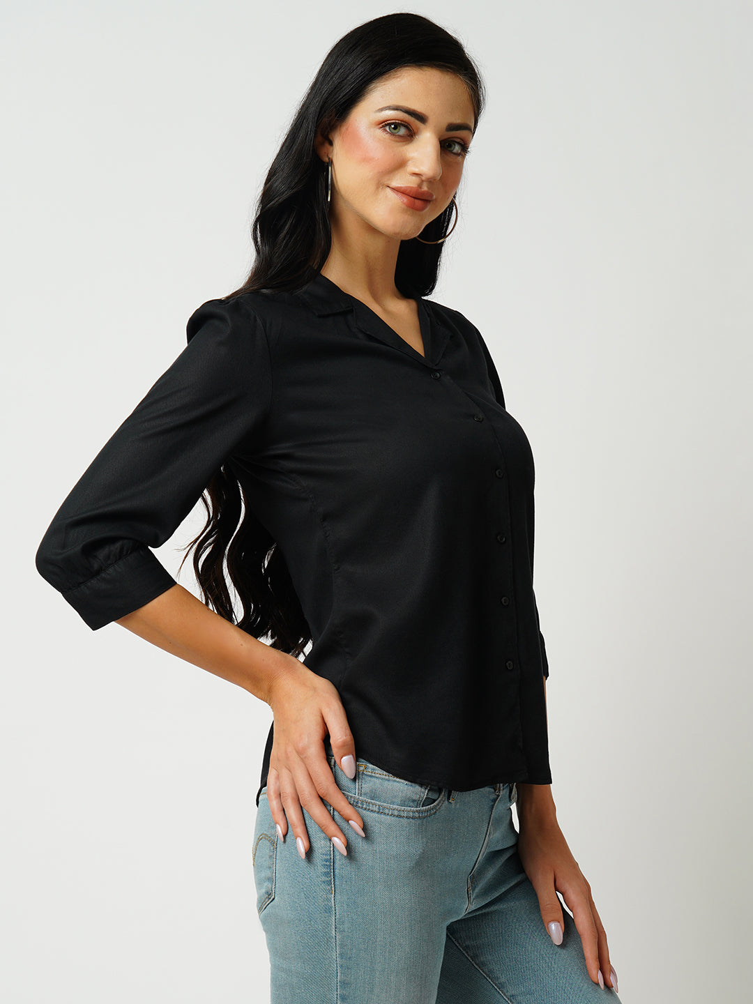 Womens Black Three-Quarter Sleeves Shirts