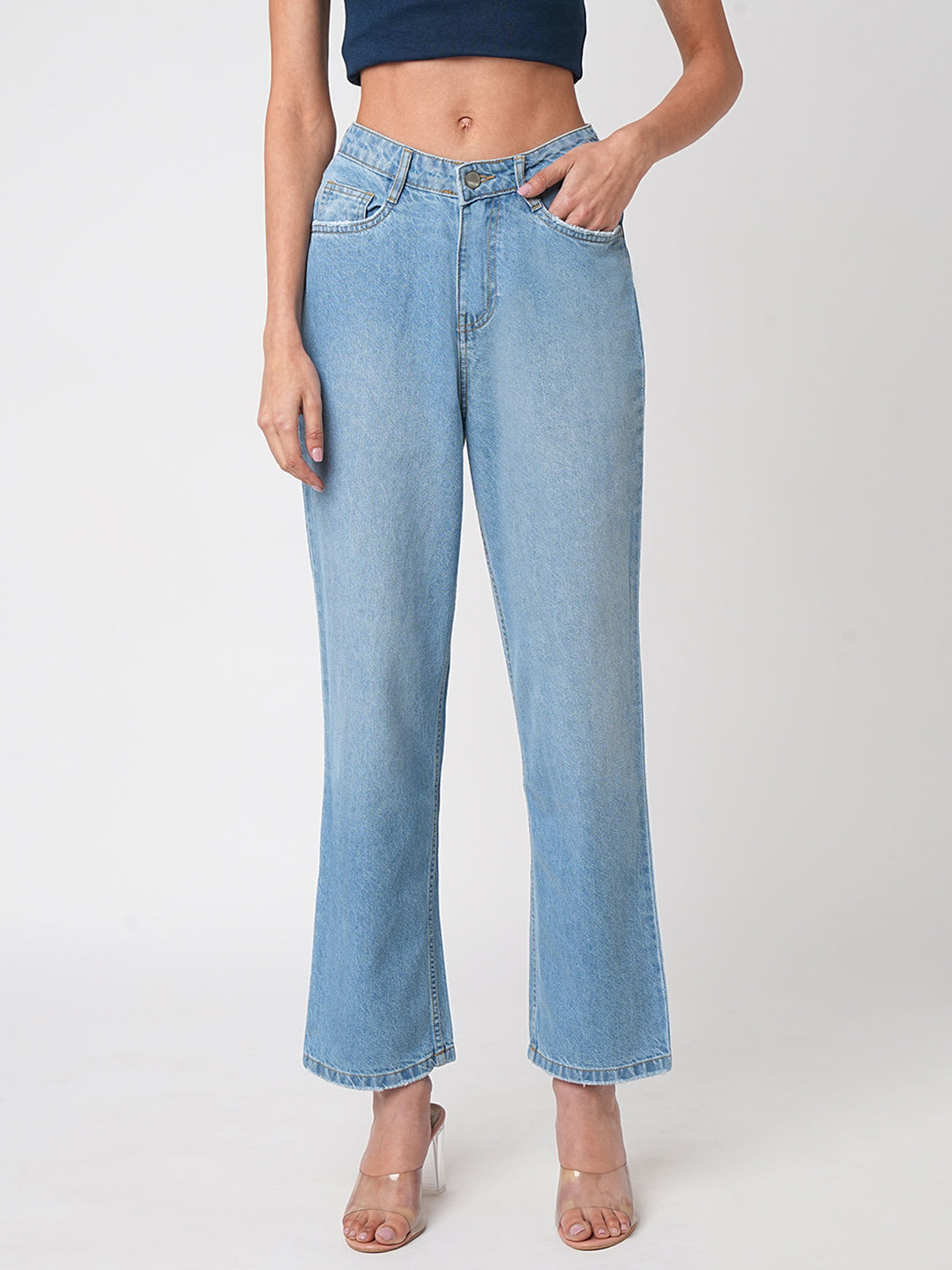 Women Light Blue High-Rise Loose Straight