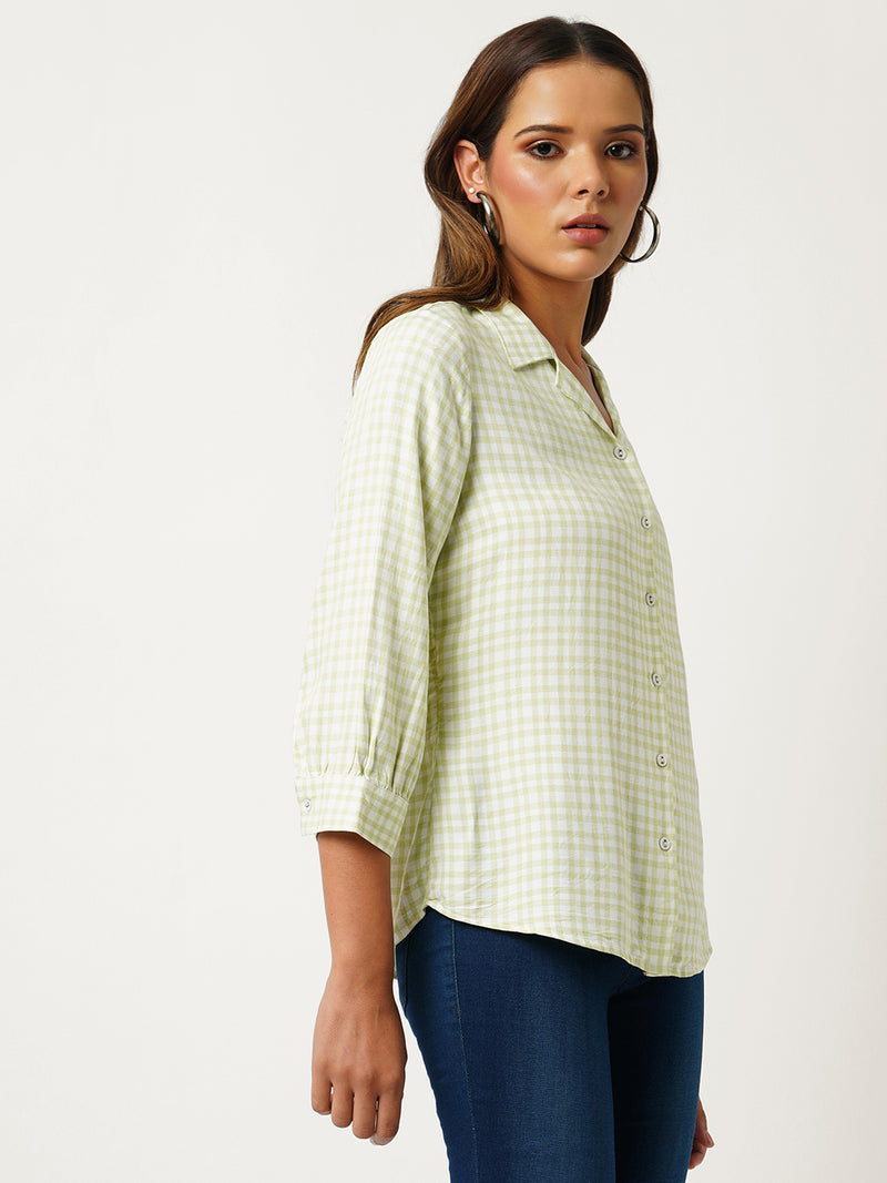 Women Lime & White Striped Three-Quarter Sleeves Shirts