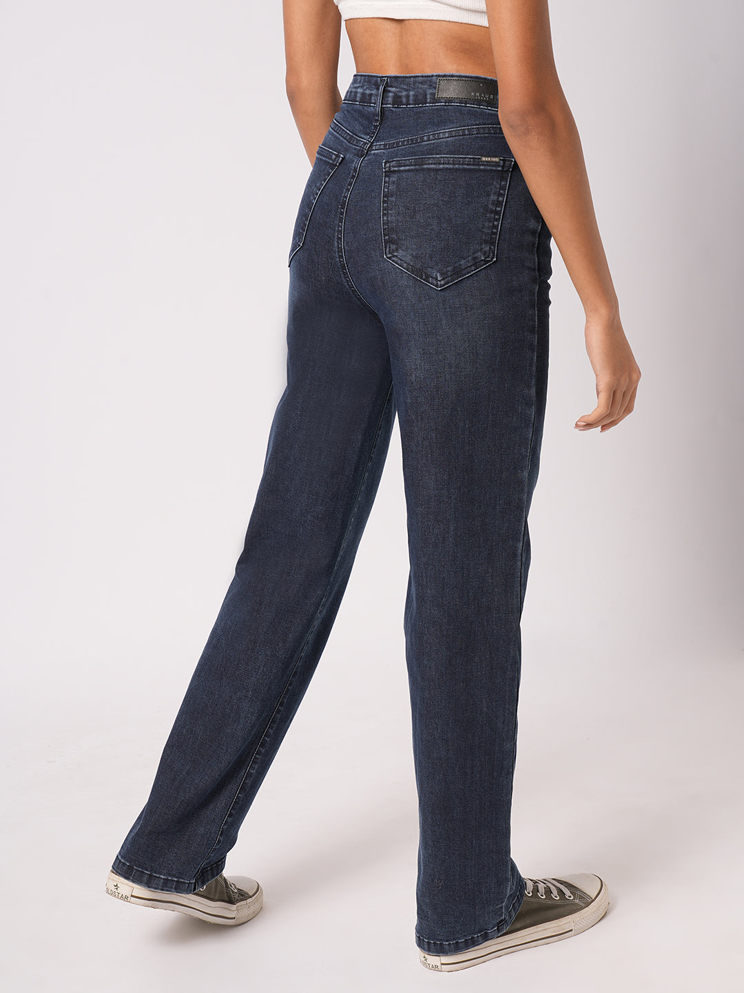 Women Dark Blue High-Rise Loose Straight Jeans