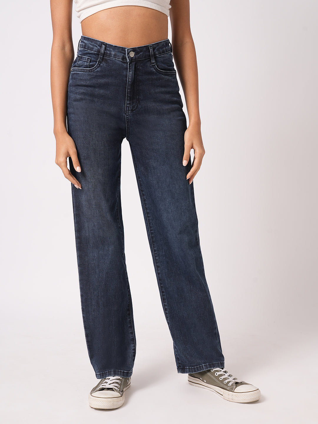 Women Dark Blue High-Rise Loose Straight Fit Jeans