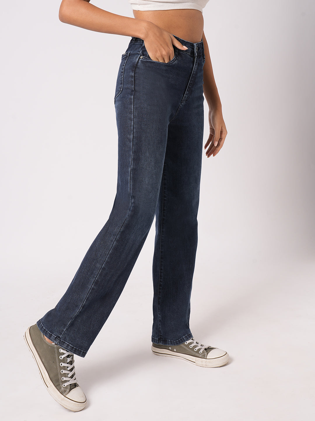 Women Dark Blue High-Rise Loose Straight Jeans