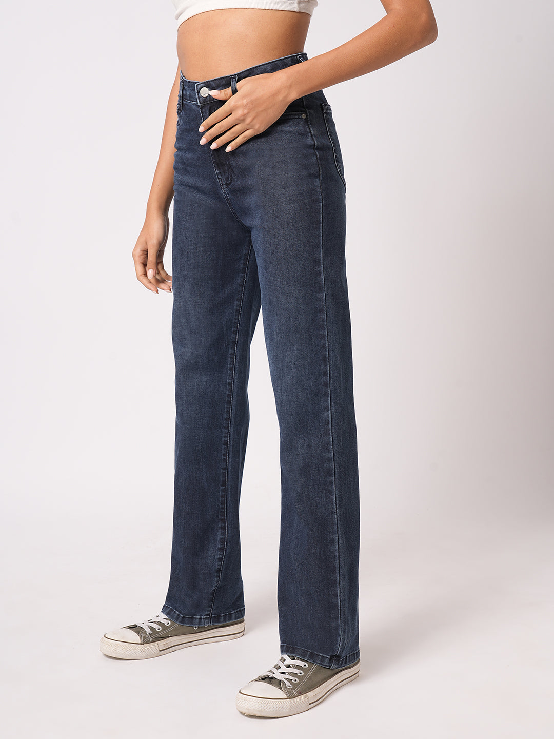 Women Dark Blue High-Rise Loose Straight Jeans