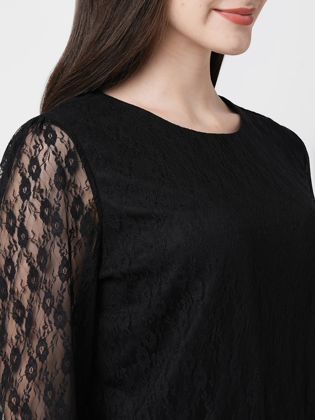 Women Black Lace Three-Quarter Sleeves Tops