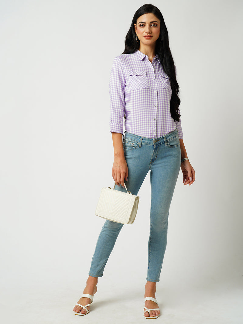 Women Lilac & White Striped Three-Quarter Sleeves Shirts