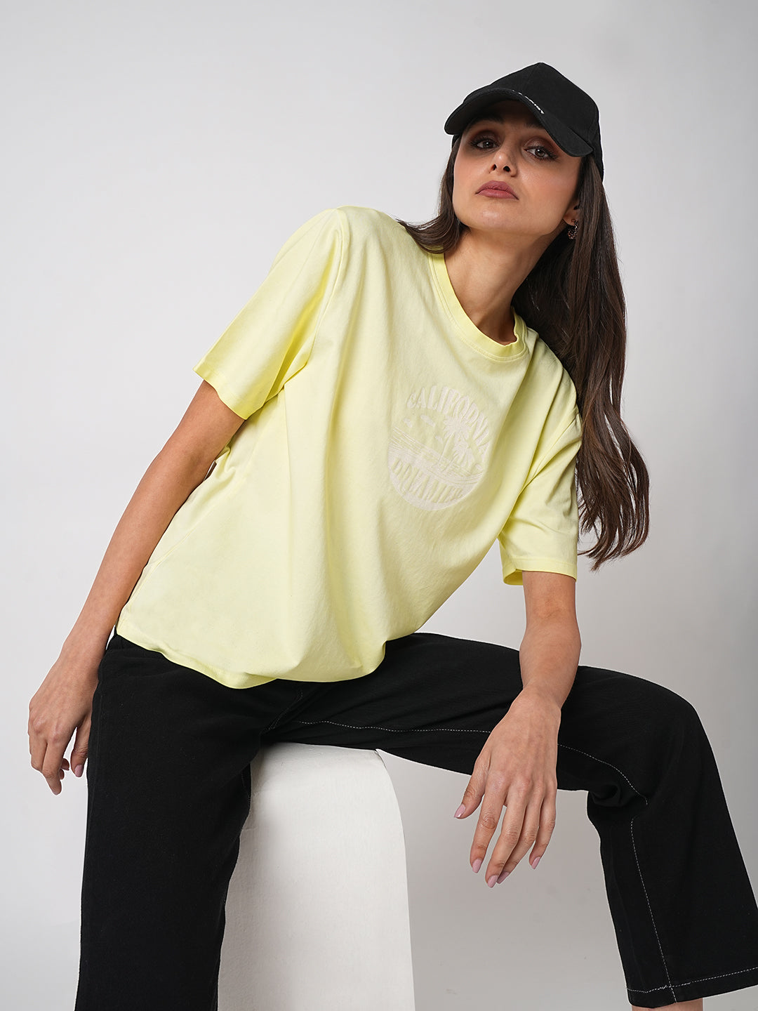 Women Yellow Cold Dye Boxy Graphic Tees