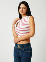 Women White & Berry Striped Sleevless Topwear