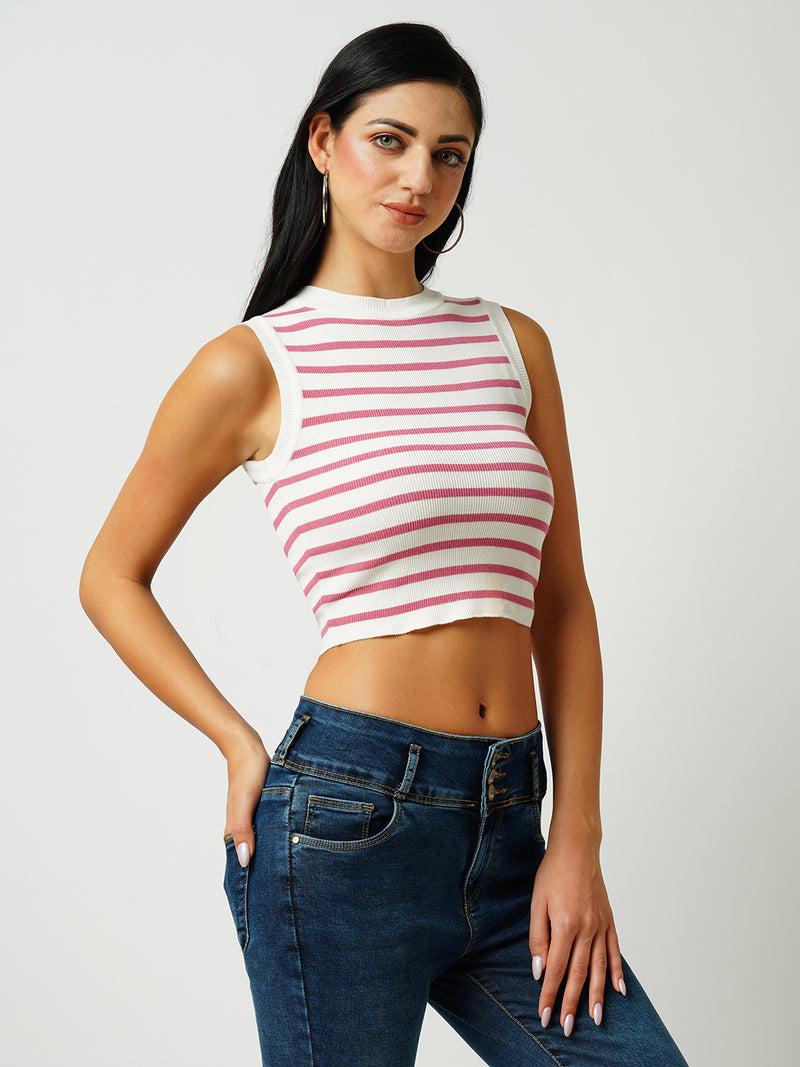 Women White & Berry Striped Sleevless Topwear
