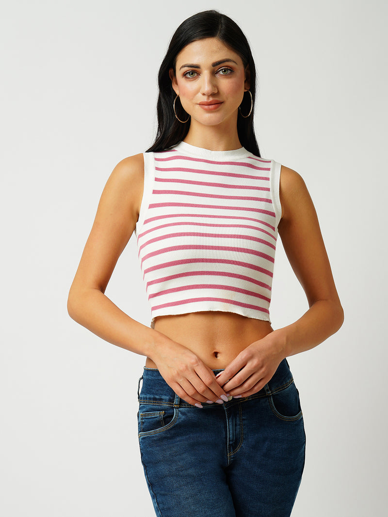 Women White & Berry Striped Sleevless Topwear