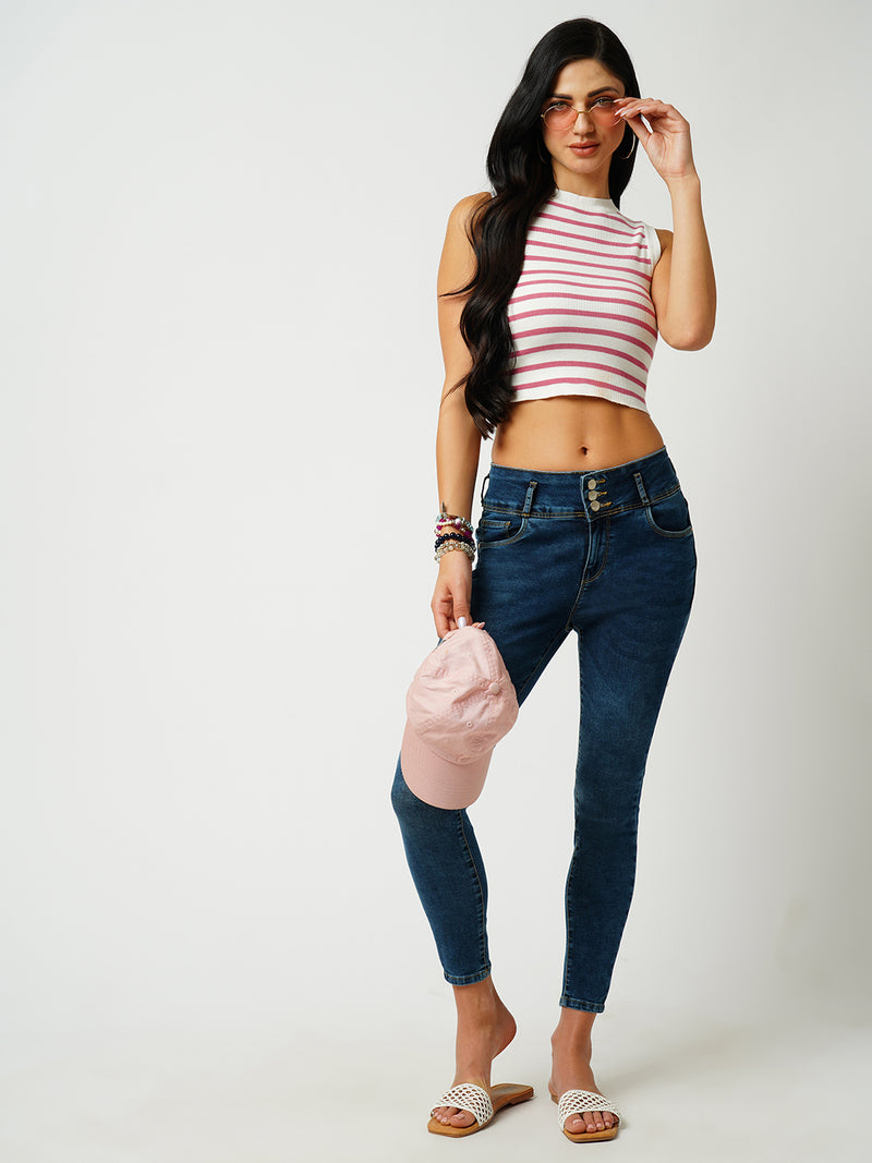 Women White & Berry Striped Sleevless Topwear