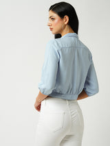 Women Light Blue Solid Three-Quarter Sleeves Shirts