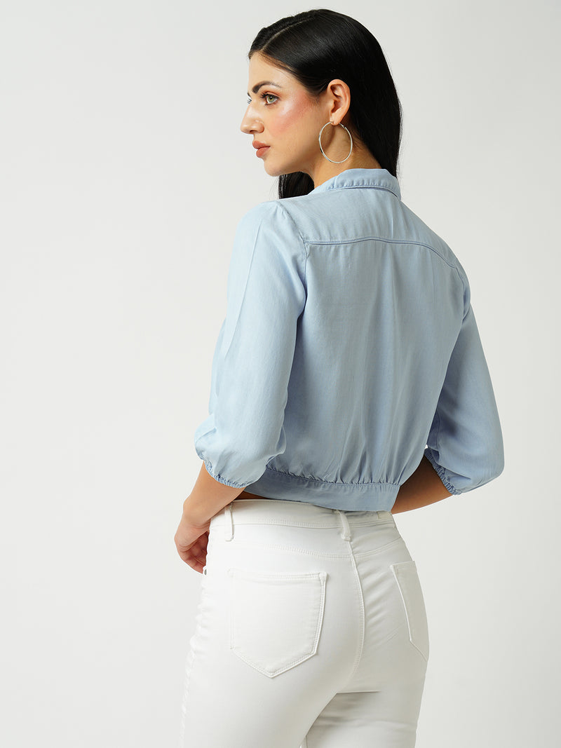 Women Light Blue Solid Three-Quarter Sleeves Shirts