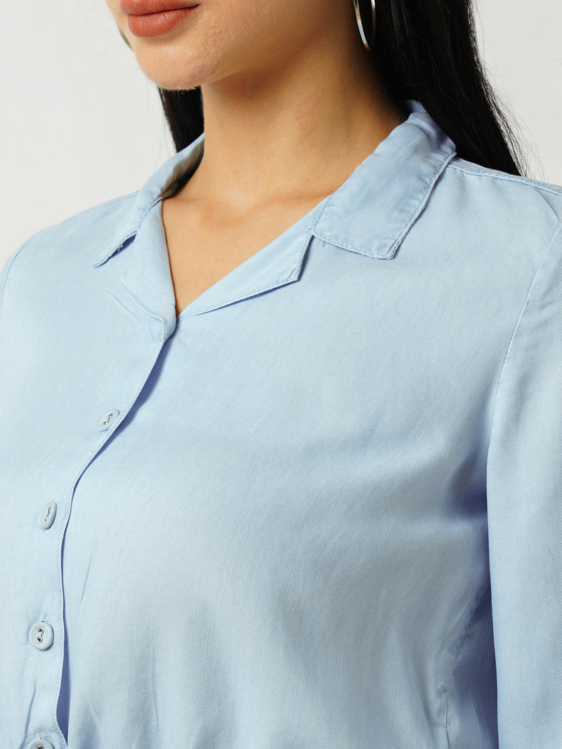 Women Light Blue Solid Three-Quarter Sleeves Shirts