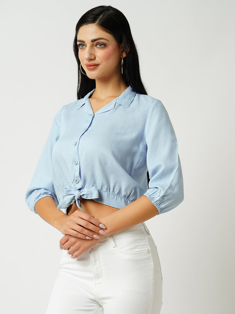 Women Light Blue Solid Three-Quarter Sleeves Shirts