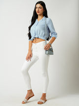 Women Light Blue Solid Three-Quarter Sleeves Shirts