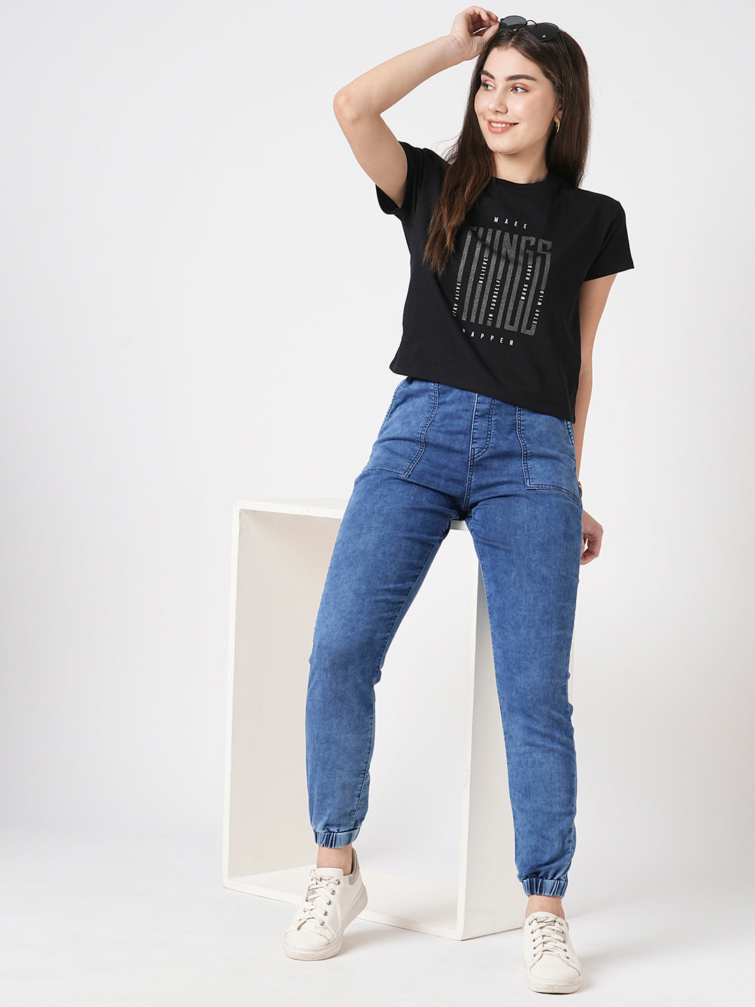 Women Dark Blue High-Rise Denim Joggers