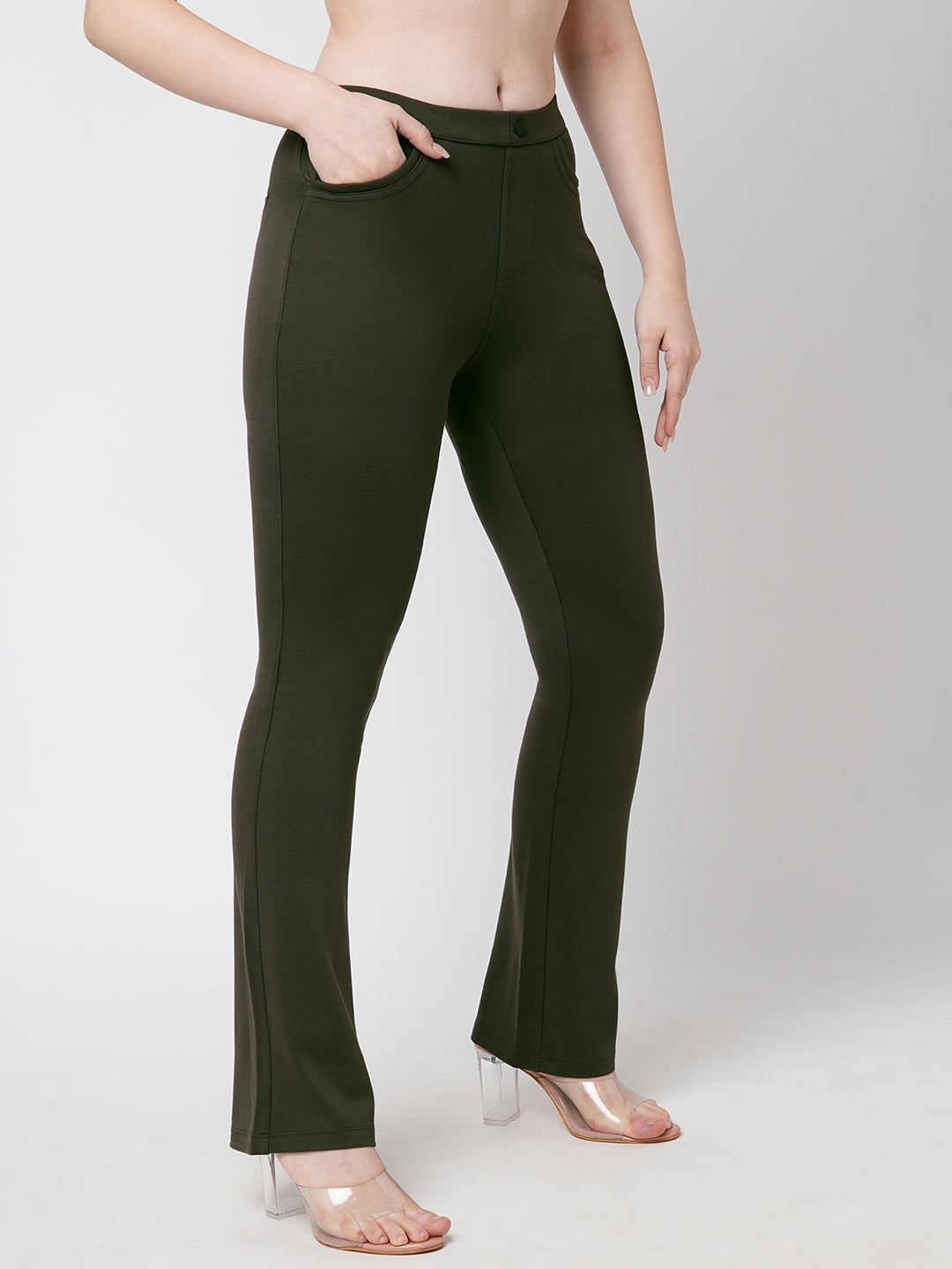 Women Olive High-Rise Mini Flare Treggings