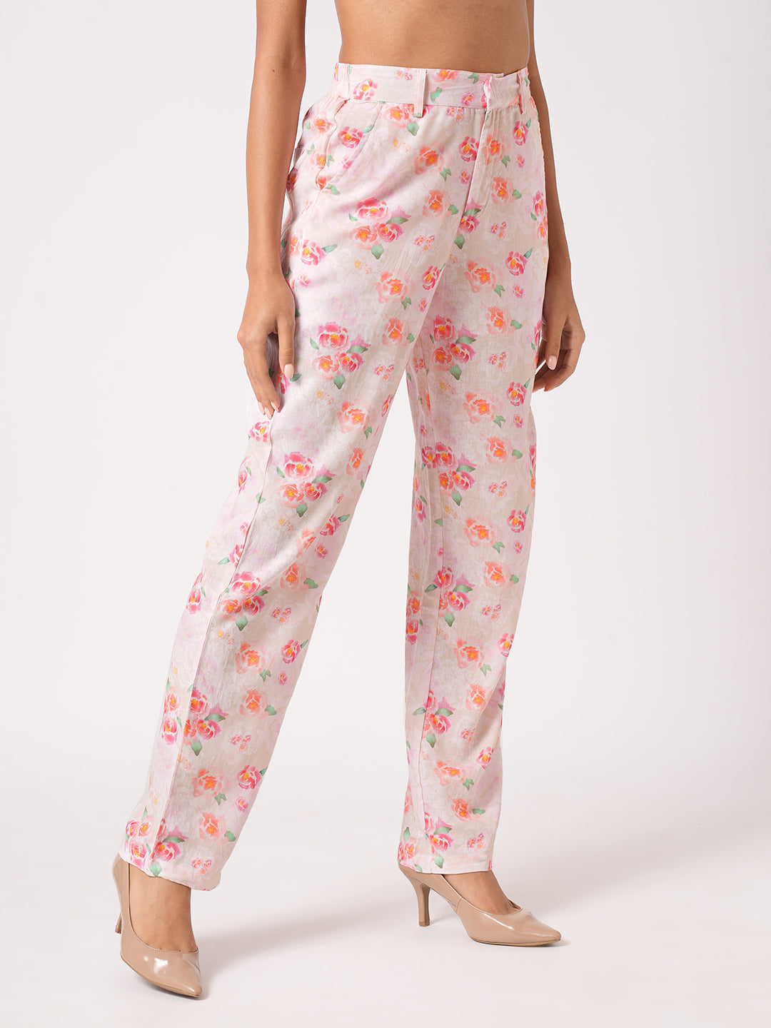 Women Soft Pink High-Rise Relaxed Straight Fit Pants