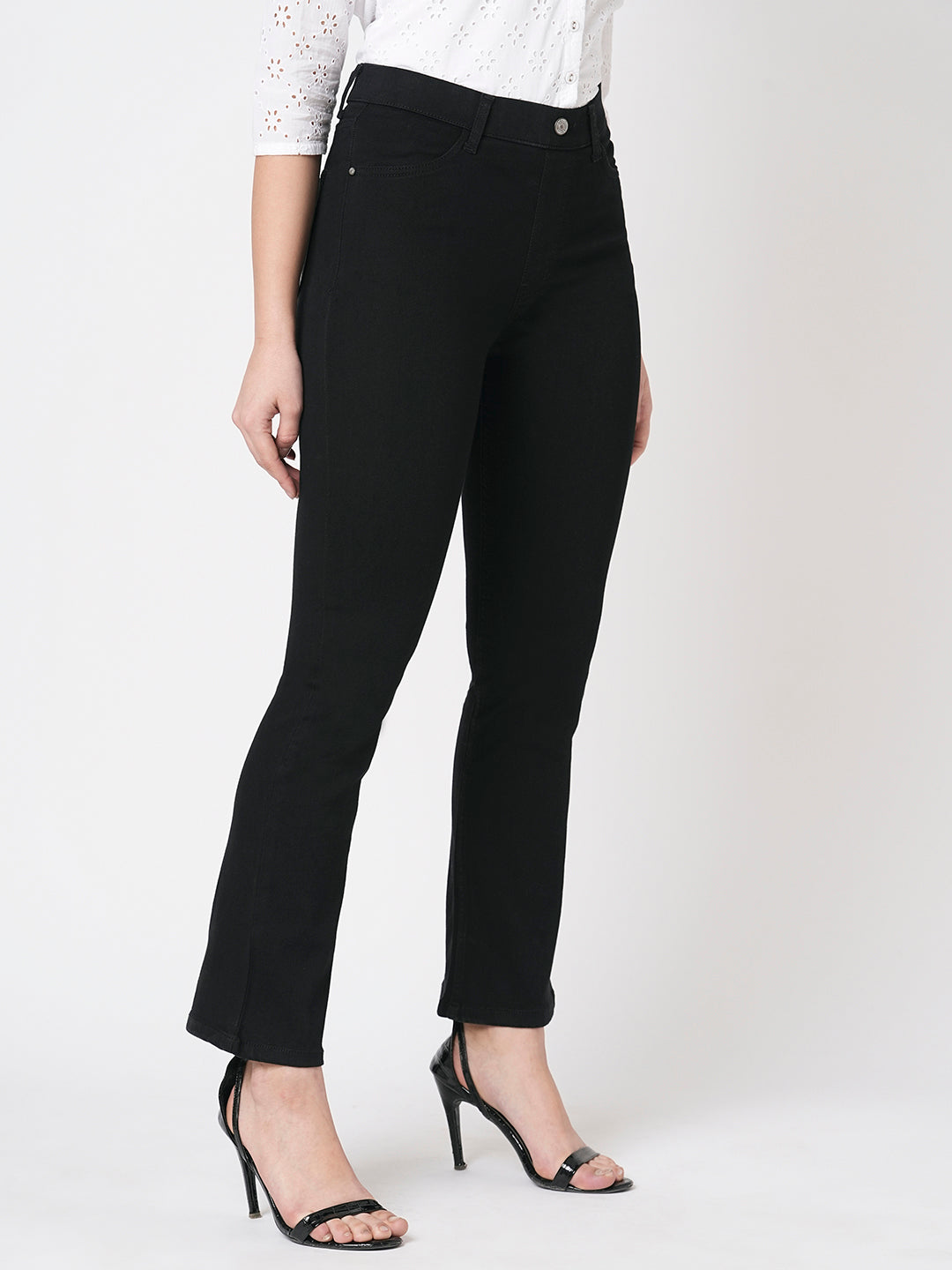 Women Black High-Rise Mini Flare Jeggings