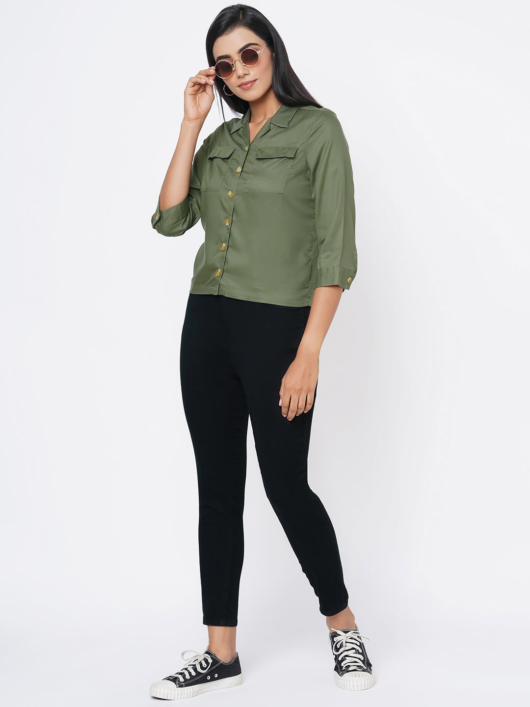 Women Olive Slim Crop Shirt
