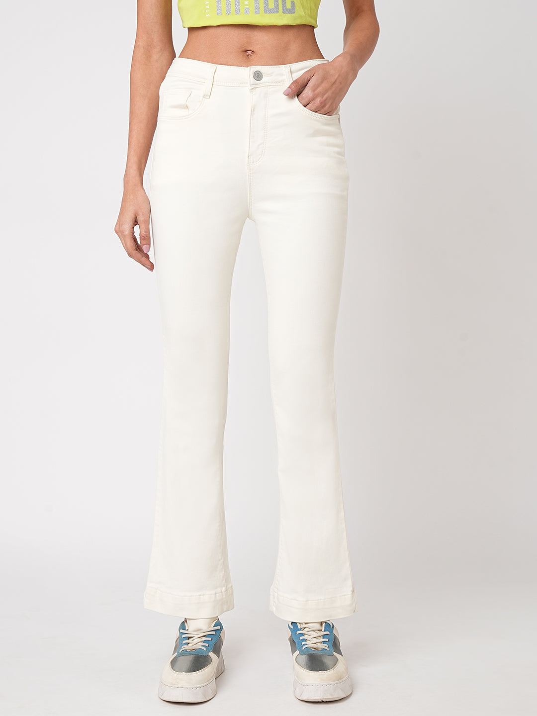Women Ecru High-Rise Mini Flare Jeans