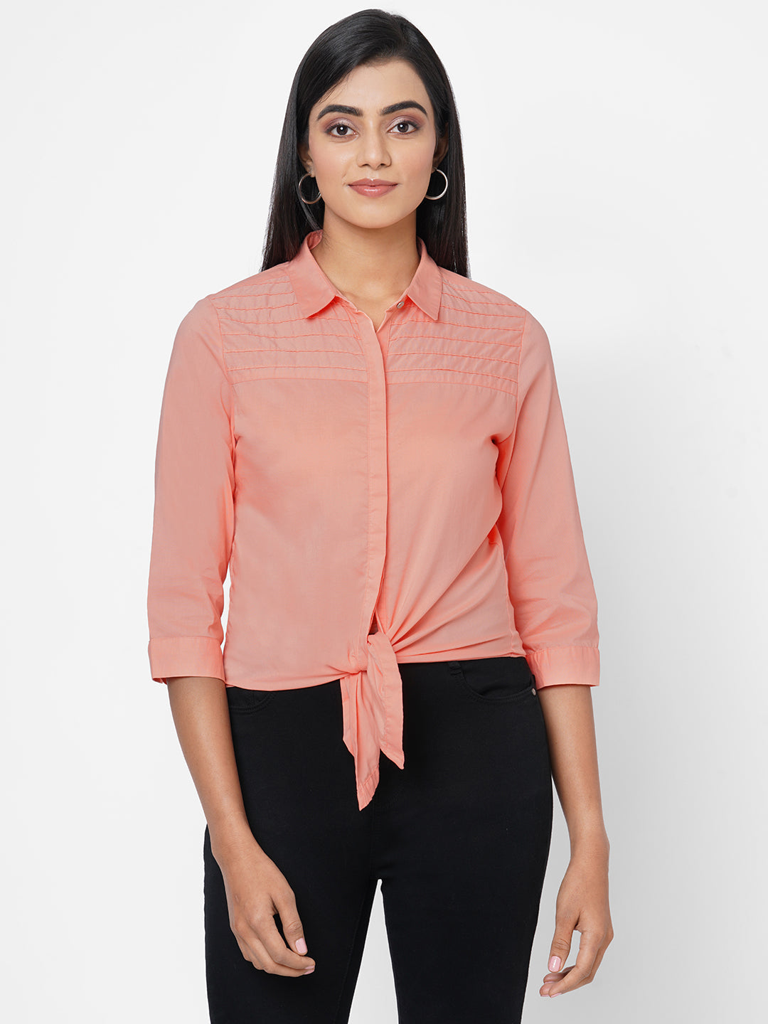 Women Salmon Slim Fit Casual Crop Shirt