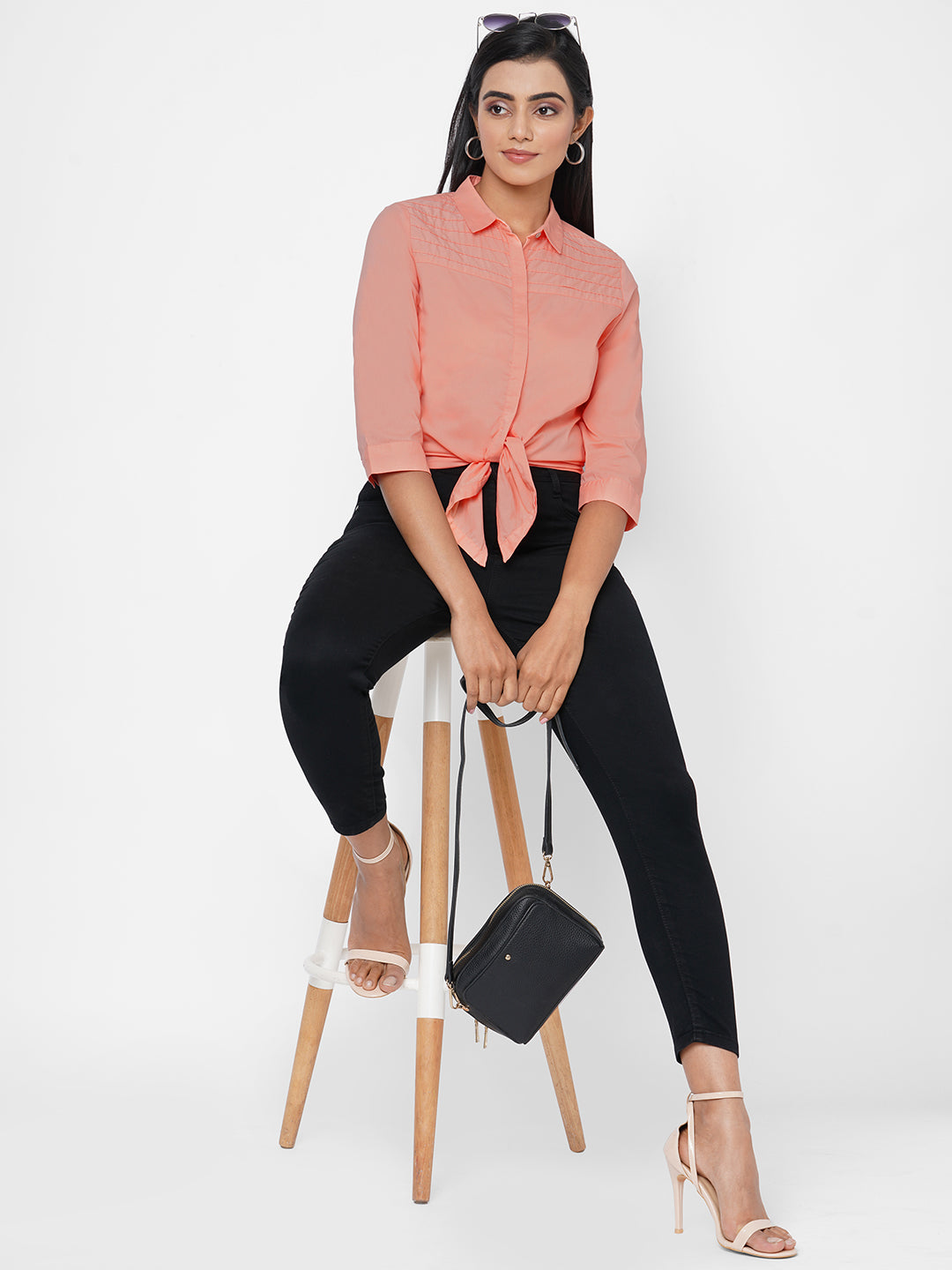 Women Salmon Slim Fit Casual Crop Shirt