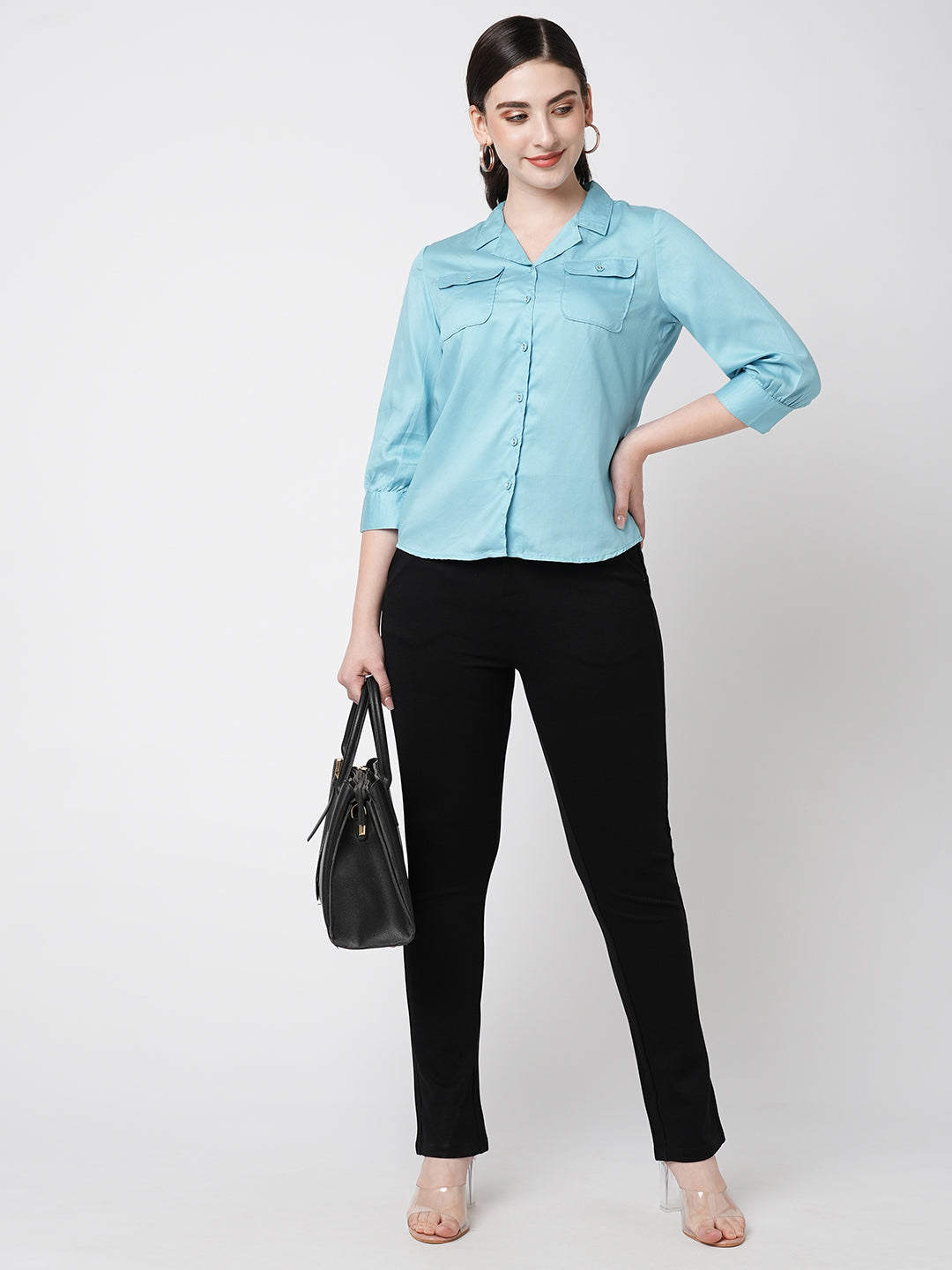 Women Turquoise Solid Three-Quarter Sleeves Shirts
