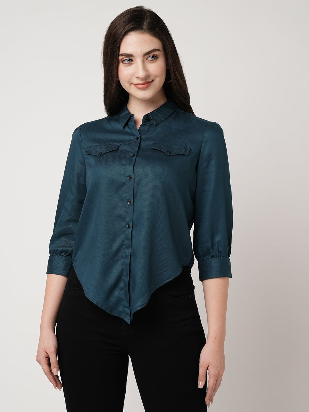 Women Teal Crop Shirt