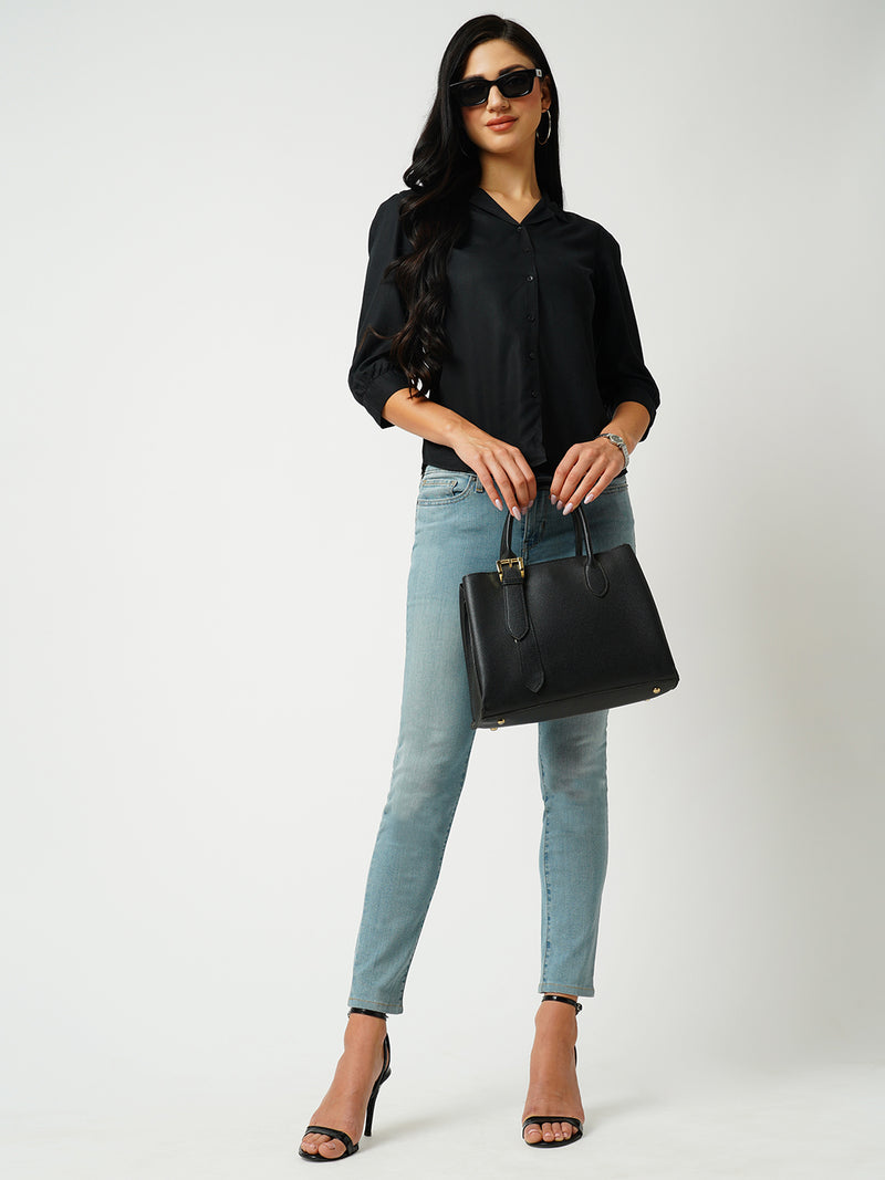 Womens Black Three-Quarter Sleeves Shirts