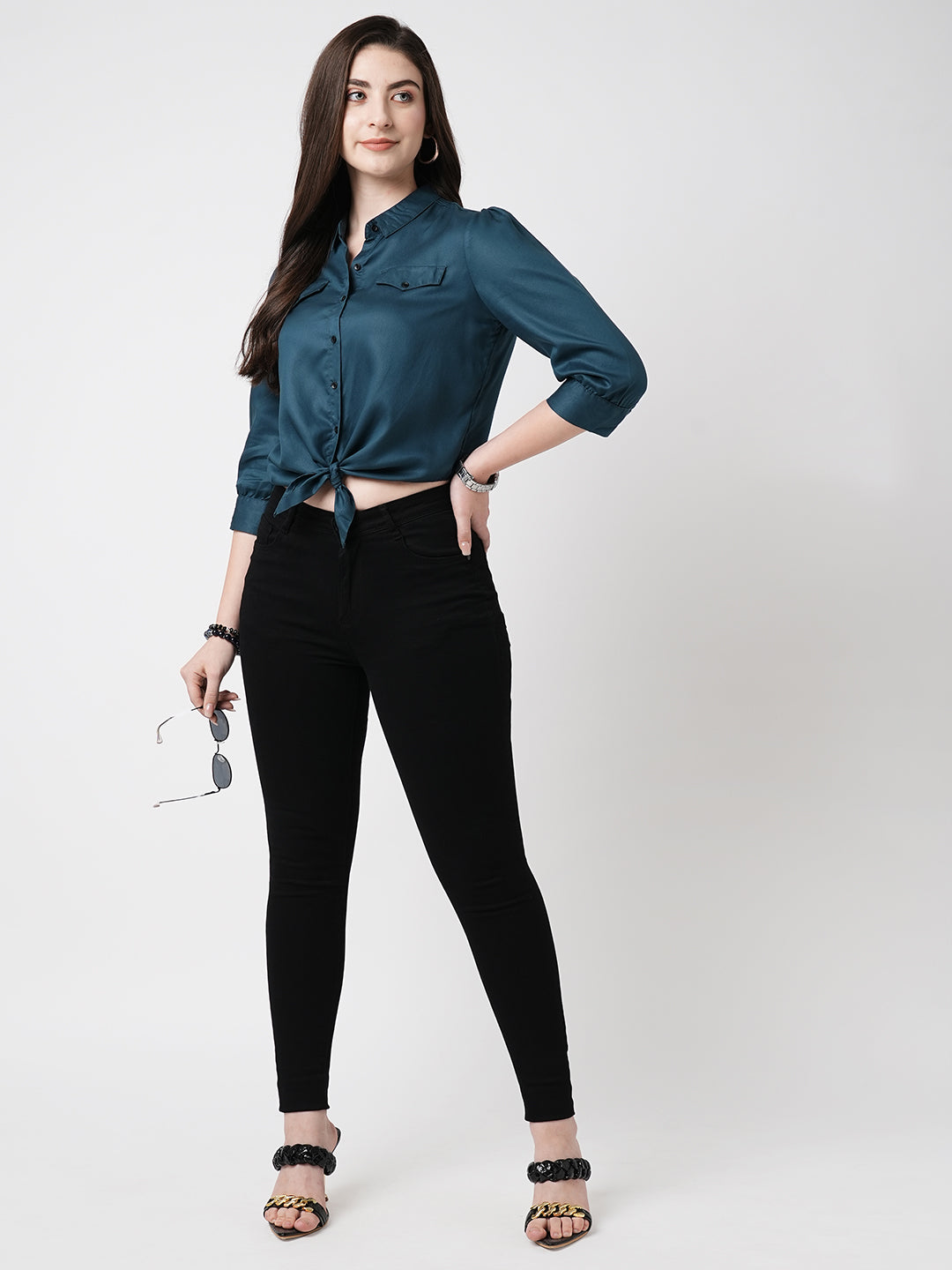 Women Teal Crop Shirt