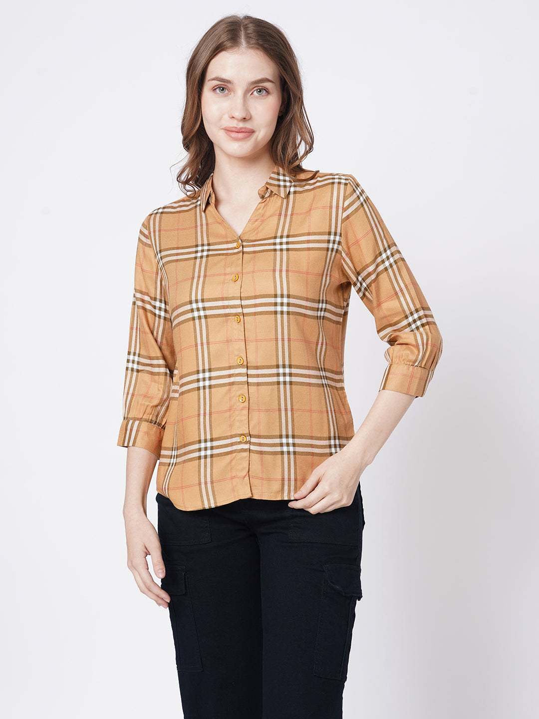 Women Camel Checks Shirt